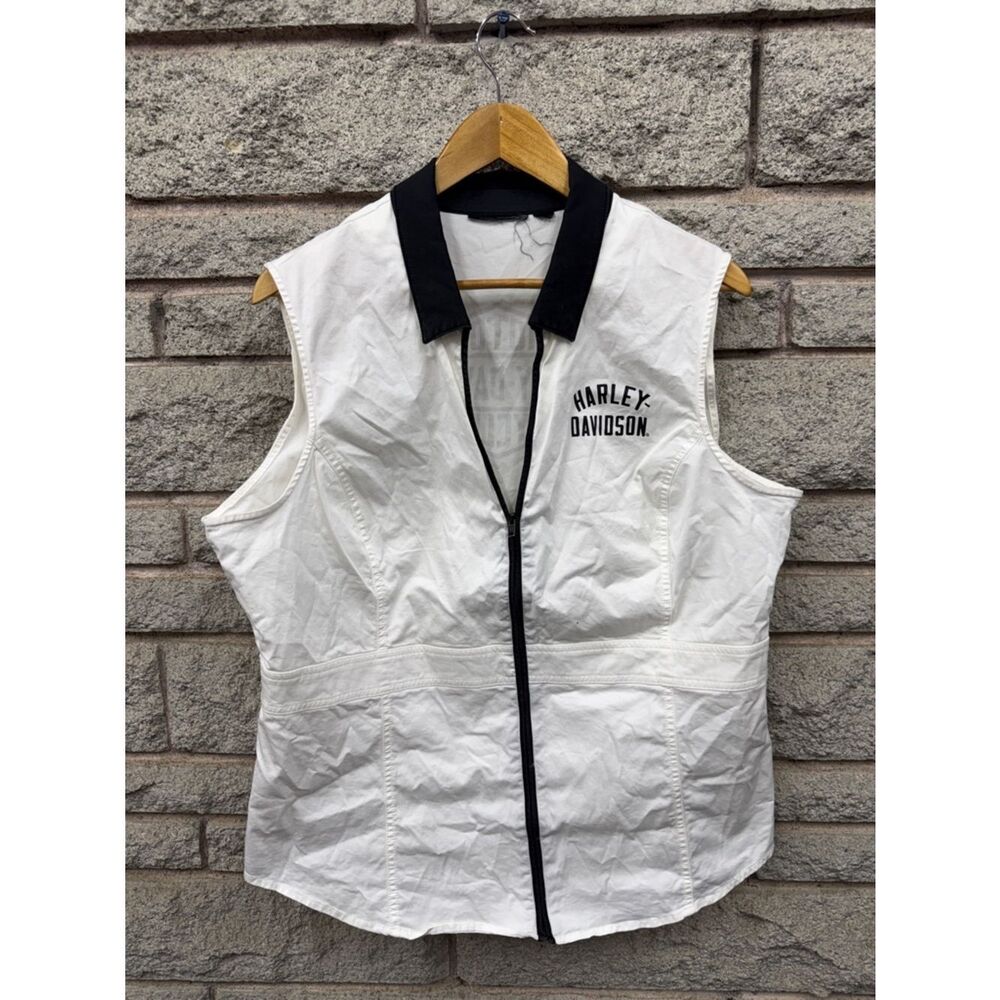 Harley-Davidson White Sleeveless Zip Vest with Black Collar